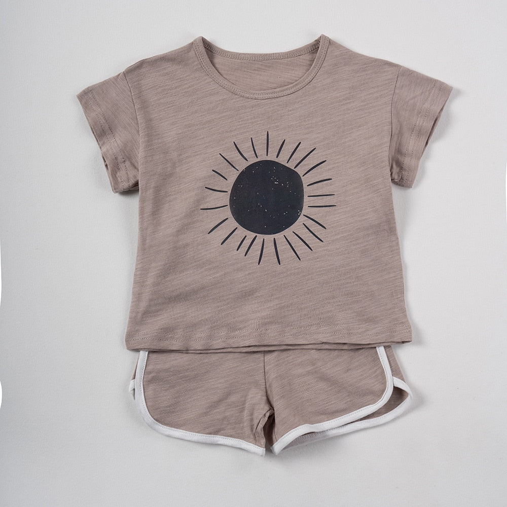 Boys/ Girls 2pcs Animated Print Casual Muslin Kids  T-shirt+ Shorts set