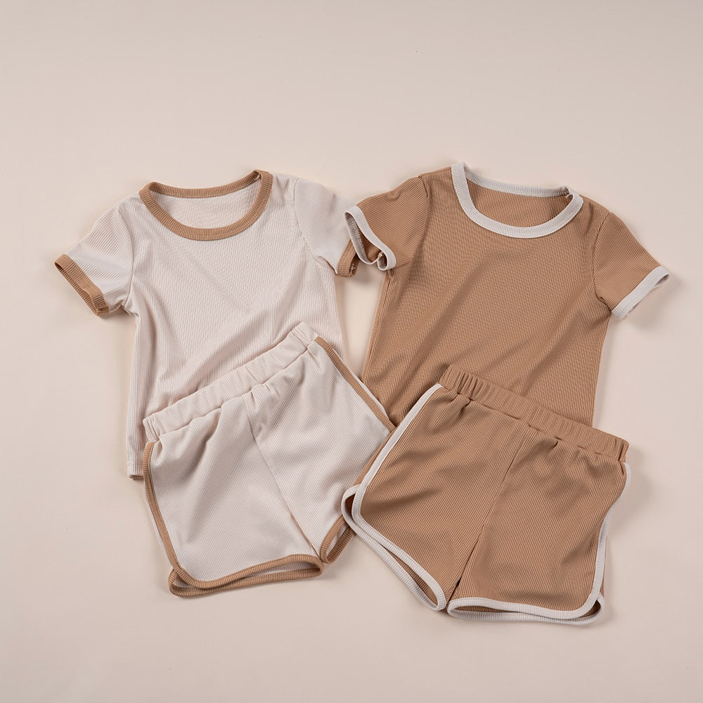 NEW! Children's Ribbed Solid Neutrals Boys Girls Everyday Casual T-shirts+Shorts Clothes Sets