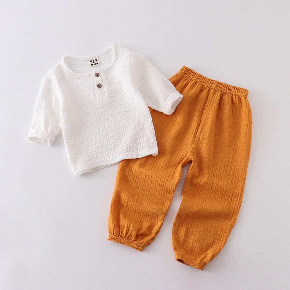 Childrens Muslin 2Pcs Suits Baby Boys Cotton Linen Breathable solid T-shirt+shorts