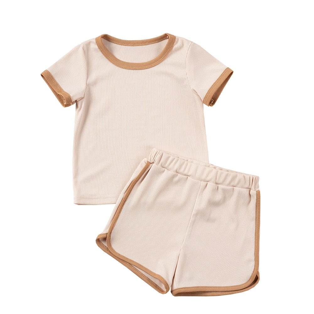 NEW! Children's Ribbed Solid Neutrals Boys Girls Everyday Casual T-shirts+Shorts Clothes Sets