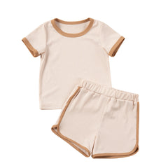 NEW! Children's Ribbed Solid Neutrals Boys Girls Everyday Casual T-shirts+Shorts Clothes Sets