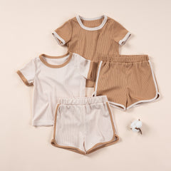 NEW! Children's Ribbed Solid Neutrals Boys Girls Everyday Casual T-shirts+Shorts Clothes Sets