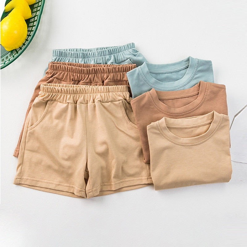 Cozy Kids Matching Everyday Neutrals 2pc Set For Boy/ Girls T-Shirt Shorts