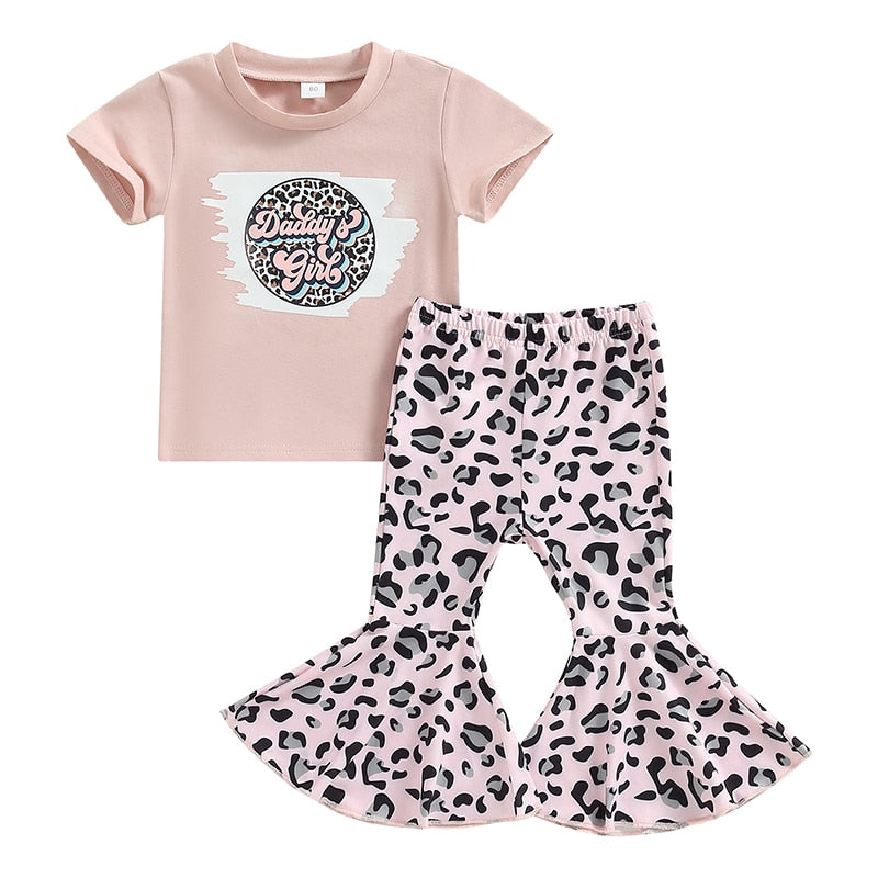 Children Girls Groovy Print Short Sleeve T-shirts+Leopard Print Flare Long Pants