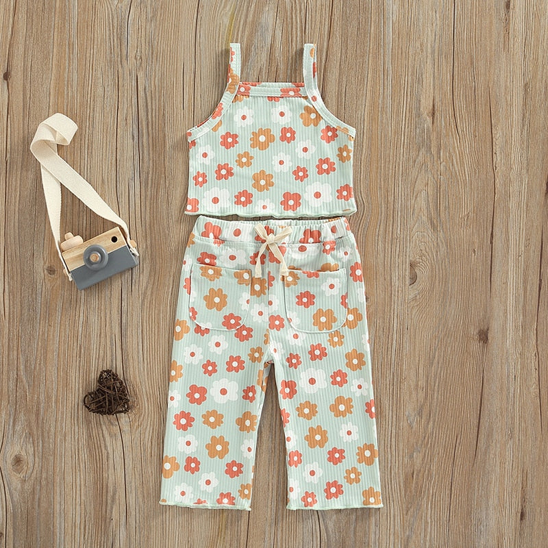 NEW Girls Floral Print Ribbed Summer Sets Tank Tops+Elastic Waist Pants