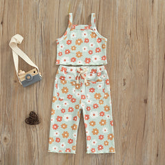 NEW Girls Floral Print Ribbed Summer Sets Tank Tops+Elastic Waist Pants