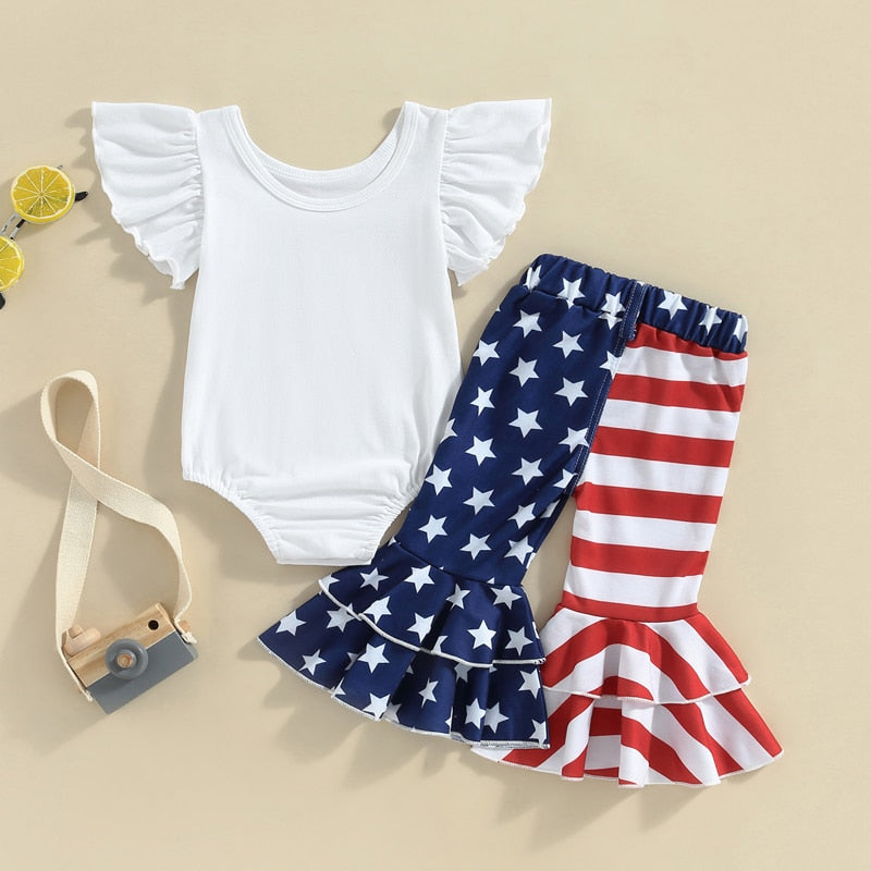 Independence Day Baby Girls Clothes Romper Star Stripe Print Layer Ruffles Flare Pants Outfit