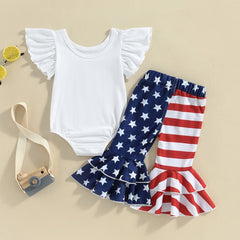 Independence Day Baby Girls Clothes Romper Star Stripe Print Layer Ruffles Flare Pants Outfit