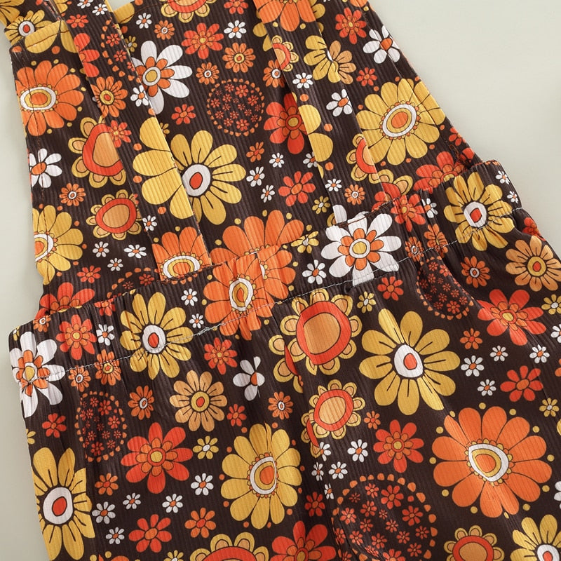 Girls floral  Jumpsuits Ribbed Floral Print Sleeveless Backless Jumpsuits Flare Long Pants Clothes