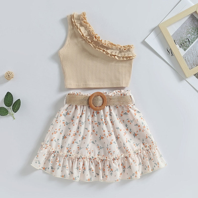 Girls Summer Fashion Top + Belt Skirt Ruffle Set