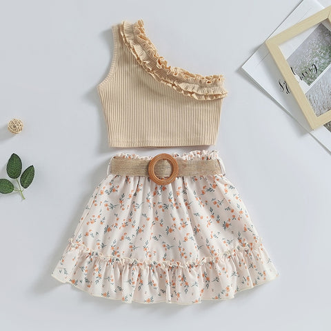 Girls Summer Fashion Top + Belt Skirt Ruffle Set