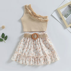Girls Summer Fashion Top + Belt Skirt Ruffle Set