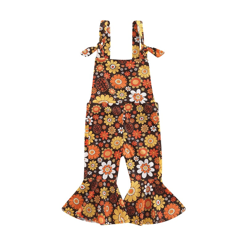 Girls floral  Jumpsuits Ribbed Floral Print Sleeveless Backless Jumpsuits Flare Long Pants Clothes