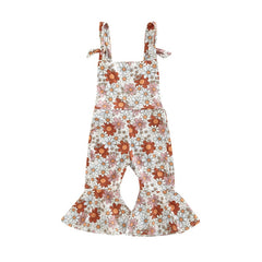 Girls floral  Jumpsuits Ribbed Floral Print Sleeveless Backless Jumpsuits Flare Long Pants Clothes