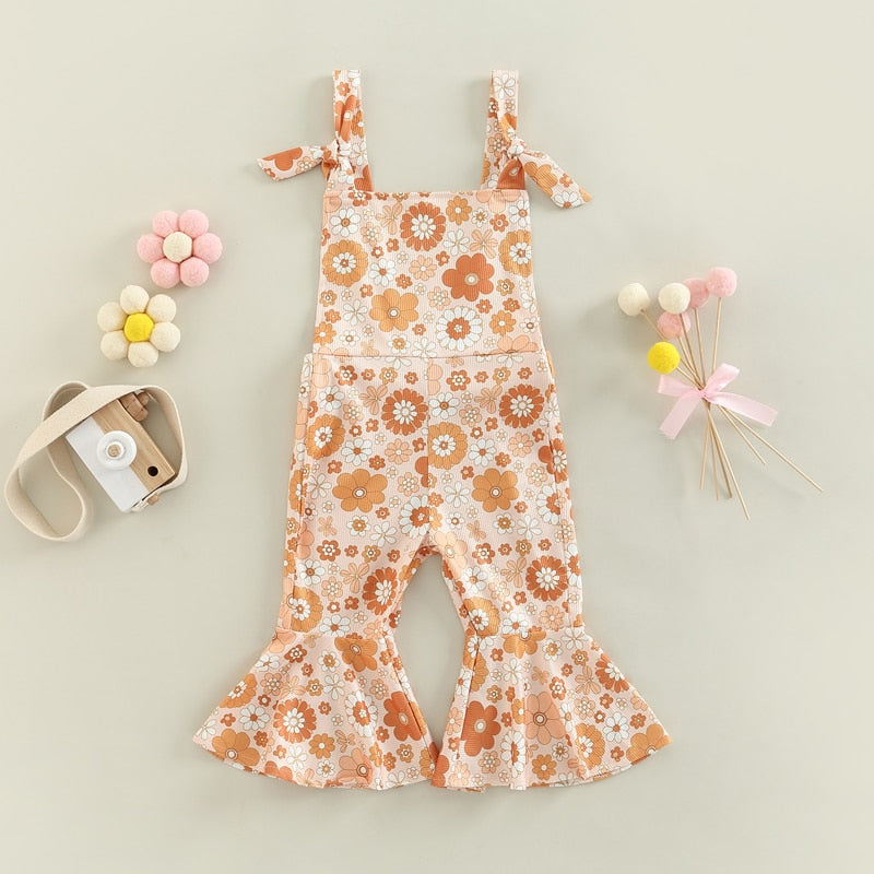 Girls floral  Jumpsuits Ribbed Floral Print Sleeveless Backless Jumpsuits Flare Long Pants Clothes
