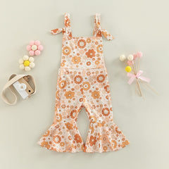 Girls floral  Jumpsuits Ribbed Floral Print Sleeveless Backless Jumpsuits Flare Long Pants Clothes