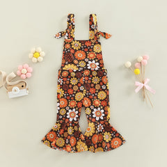 Girls floral  Jumpsuits Ribbed Floral Print Sleeveless Backless Jumpsuits Flare Long Pants Clothes