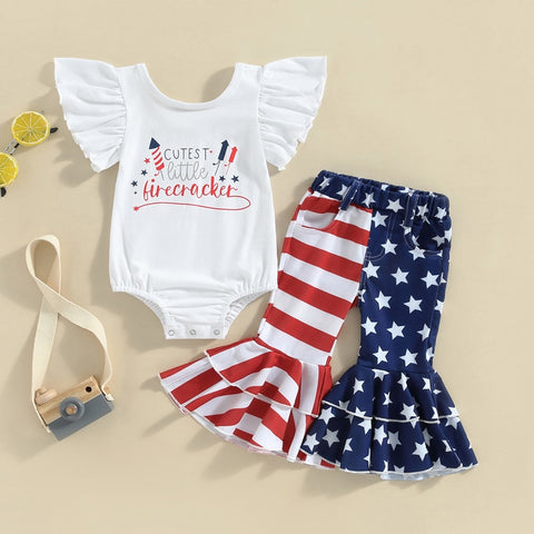 Independence Day Baby Girls Clothes Romper Star Stripe Print Layer Ruffles Flare Pants Outfit