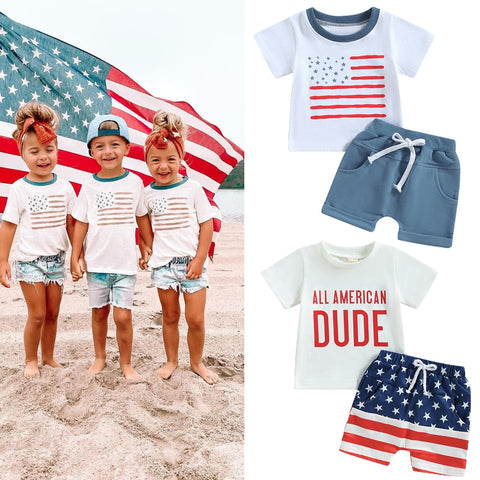 Independence Day Toddler Boys Stars Stripes Short Sleeve T-shirts Casual Elastic Shorts Sets