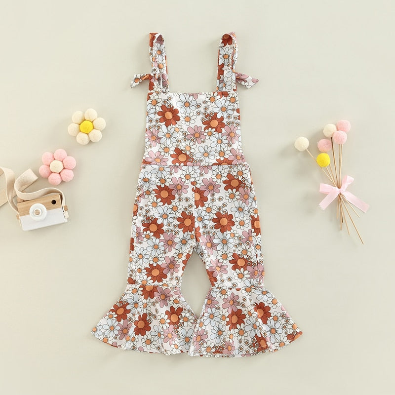 Girls floral  Jumpsuits Ribbed Floral Print Sleeveless Backless Jumpsuits Flare Long Pants Clothes