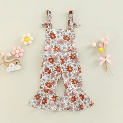 Girls floral  Jumpsuits Ribbed Floral Print Sleeveless Backless Jumpsuits Flare Long Pants Clothes