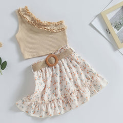 Girls Summer Fashion Top + Belt Skirt Ruffle Set