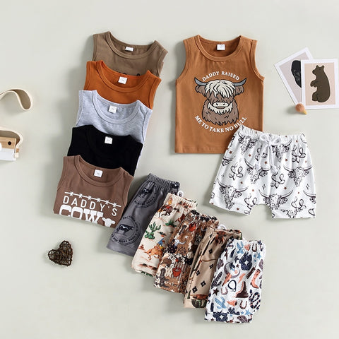 NEW Summer Toddler Kids Boys Clothing Sets Cattle Sleeveless Tanks Tops+Cattle Cactus Bottoms