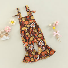 Girls floral  Jumpsuits Ribbed Floral Print Sleeveless Backless Jumpsuits Flare Long Pants Clothes