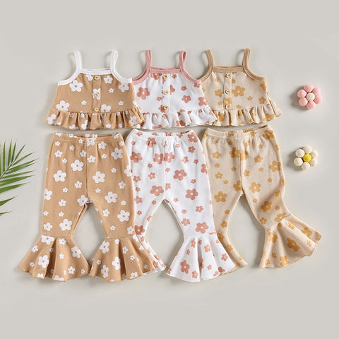 Girls Summer 2pc  Waffle Button Sets sleeveless Ruffles