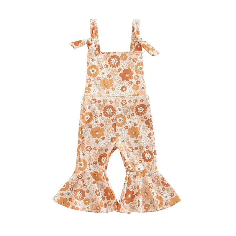 Girls floral  Jumpsuits Ribbed Floral Print Sleeveless Backless Jumpsuits Flare Long Pants Clothes