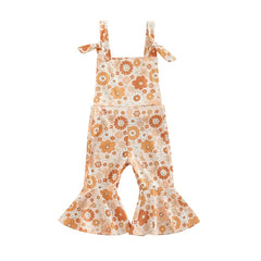 Girls floral  Jumpsuits Ribbed Floral Print Sleeveless Backless Jumpsuits Flare Long Pants Clothes