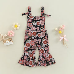 Girls floral  Jumpsuits Ribbed Floral Print Sleeveless Backless Jumpsuits Flare Long Pants Clothes