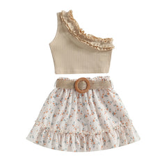 Girls Summer Fashion Top + Belt Skirt Ruffle Set