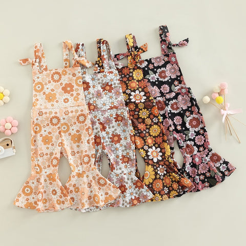 Girls floral  Jumpsuits Ribbed Floral Print Sleeveless Backless Jumpsuits Flare Long Pants Clothes