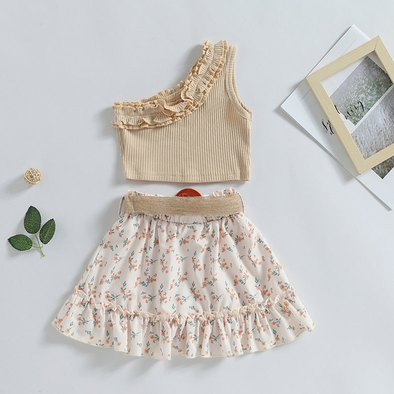 Girls Summer Fashion Top + Belt Skirt Ruffle Set