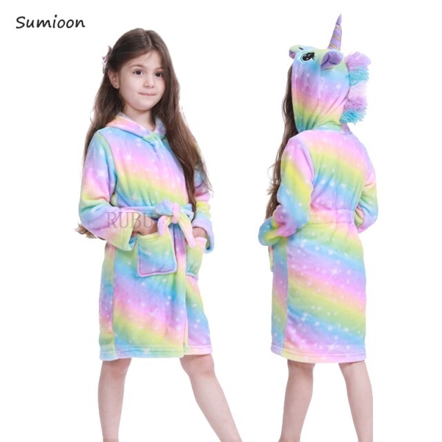 Children Bathrobe Baby Bath Robe Animal Rainbow Unicorn Hooded Bathrobes Girls Kids Sleepwear