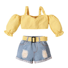 NEW Children Girls Summer Plaid Yellow Crop Tops+Belt Denim Shorts Set