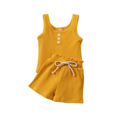 Summer Toddler Girls Suits Cotton Outfits  Ribbed Knitted Sleeveless Top+Elastic Waist Shorts