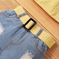 NEW Children Girls Summer Plaid Yellow Crop Tops+Belt Denim Shorts Set