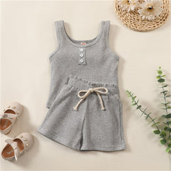 Summer Toddler Girls Suits Cotton Outfits  Ribbed Knitted Sleeveless Top+Elastic Waist Shorts