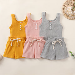 Summer Toddler Girls Suits Cotton Outfits  Ribbed Knitted Sleeveless Top+Elastic Waist Shorts