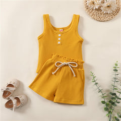 Summer Toddler Girls Suits Cotton Outfits  Ribbed Knitted Sleeveless Top+Elastic Waist Shorts