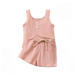 Summer Toddler Girls Suits Cotton Outfits  Ribbed Knitted Sleeveless Top+Elastic Waist Shorts