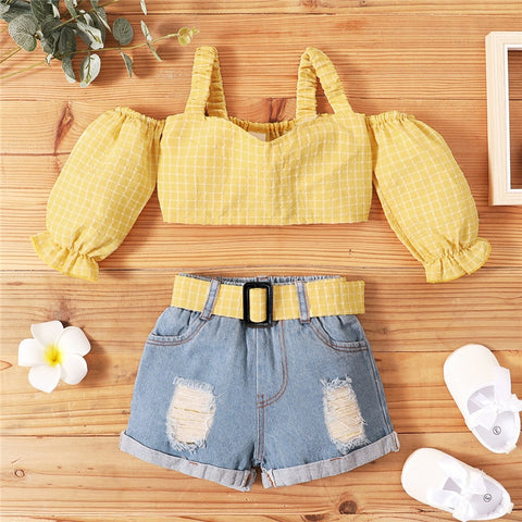 NEW Children Girls Summer Plaid Yellow Crop Tops+Belt Denim Shorts Set
