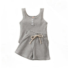 Summer Toddler Girls Suits Cotton Outfits  Ribbed Knitted Sleeveless Top+Elastic Waist Shorts