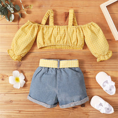 NEW Children Girls Summer Plaid Yellow Crop Tops+Belt Denim Shorts Set