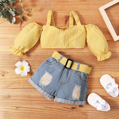 NEW Children Girls Summer Plaid Yellow Crop Tops+Belt Denim Shorts Set