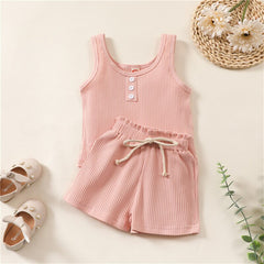 Summer Toddler Girls Suits Cotton Outfits  Ribbed Knitted Sleeveless Top+Elastic Waist Shorts