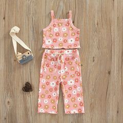 NEW Girls Floral Print Ribbed Summer Sets Tank Tops+Elastic Waist Pants