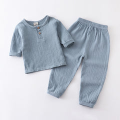 Childrens Muslin 2Pcs Suits Baby Boys Cotton Linen Breathable solid T-shirt+shorts